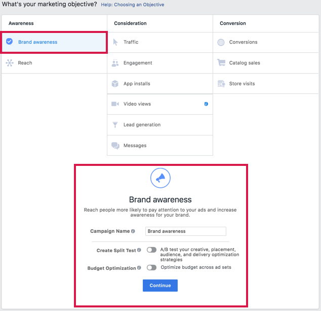 Facebook广告目标的屏幕截图