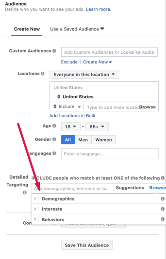 屏幕截图显示Facebook广告受众选择