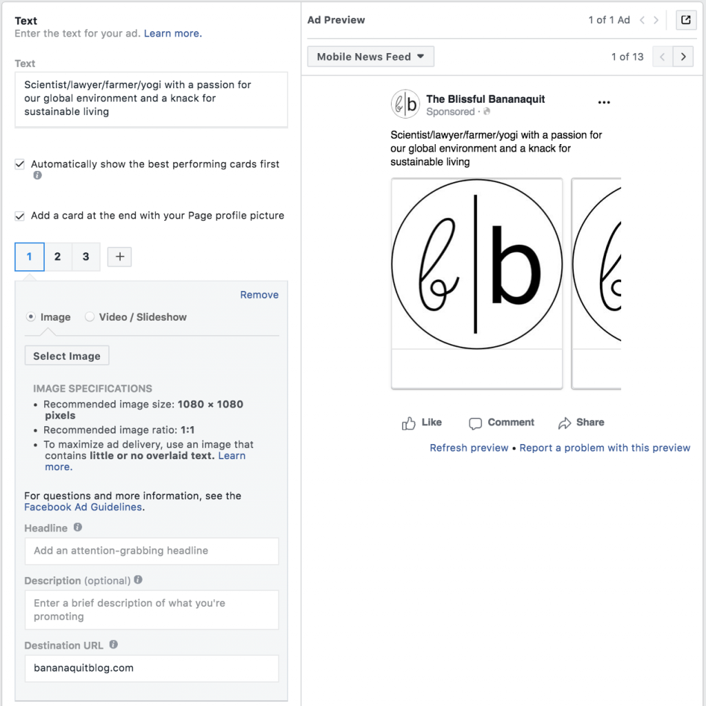 创建Facebook广告的屏幕截图