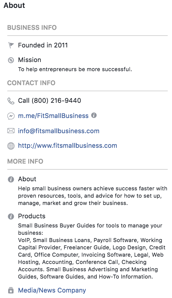 FitSmallBusiness Facebook关于页面的屏幕截图